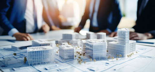 real estate developer, architect and businessmen team working on new modern business park project. complex buildings scale model on table in office. generative AI - obrazy, fototapety, plakaty