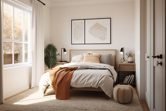 A cozy and inviting guest room with plush bedding and a gallery wall of art, perfect for hosting visitors. Generative AI