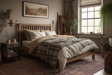 A cozy and rustic guest bedroom with a wooden bed.  Generative AI