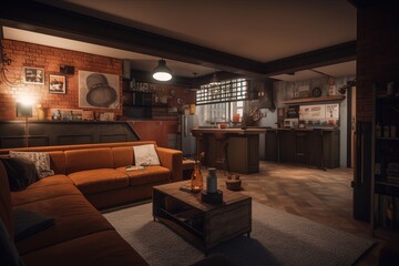 A cozy basement with a sectional sofa big scree. Generative AI