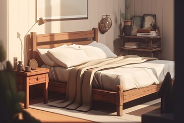 A cozy and calming Scandinavian-inspired bedroom with a neutral color palette and wooden bed frame Generative AI