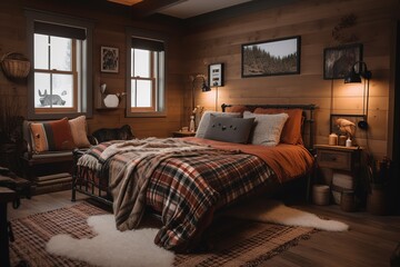 A cozy cabin bedroom with a wooden bed frame. Generative AI