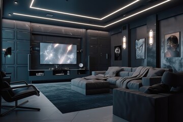 A sleek home theater setup with a projector screen. generative ai