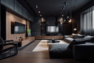 A sleek home theater setup with a projector screen. generative ai