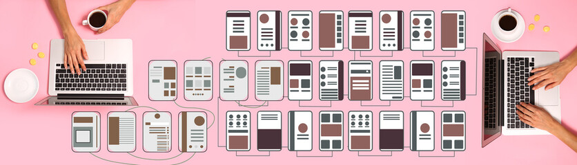 Hands with laptops and different website wireframes on pink background