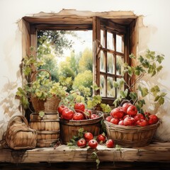 Fototapeta na wymiar Farmhouse Window with Wooden Shutters and a Woven Basket of Freshly Picked Apples Watercolor Clipart