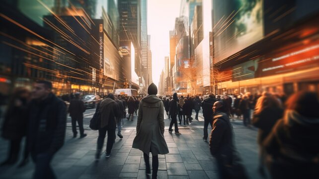 Fast moving energetic crowd movement, motion blurred people walking with long exposure, motion speed blur. Generative AI