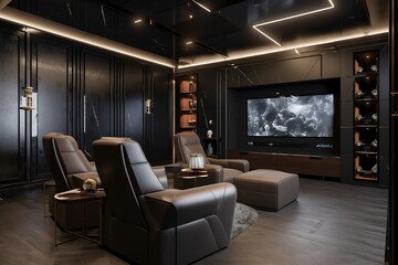 A modern and sophisticated home theater featuring plush leather recliners, state-of-the-art technology. Generated  AI