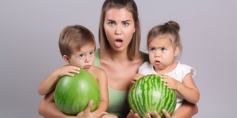 Fototapeta na wymiar breast cancer, Young Mother Holding Two Green Melons in Front of Her Chest, Making an Outrageous Face with Lively Facial Expressions, Emphasizing Breast Cancer Precaution and Health Check Importance