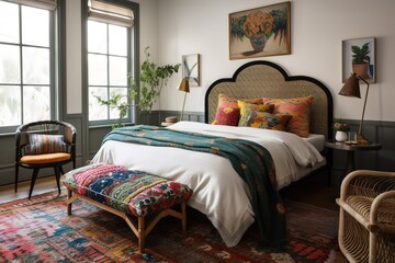 Bedroom decor, home interior design . Mid-Century Modern Bohemian style with Gallery Wall decorated with Wood and Textile material . Generative AI