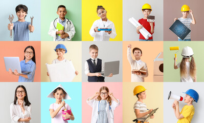 Set of different children dreaming about their future professions on color background