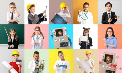 Group of different children dreaming about their future professions on color background