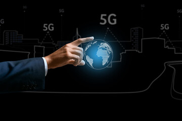 Hand of businessman with digital model of planet Earth on dark background. Concept of internet