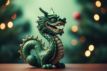 Fototapeta premium Green wooden dragon against green holiday background. Chinese new year 2024 symbol.