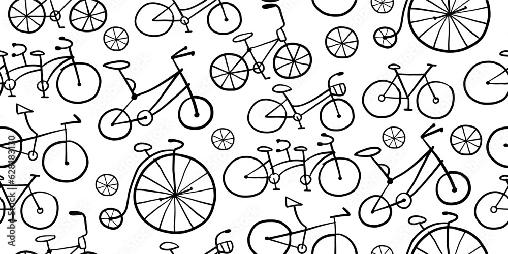 Aufkleber bicycle time. types of bicycles, tools and spare parts. seamless pattern background for your design