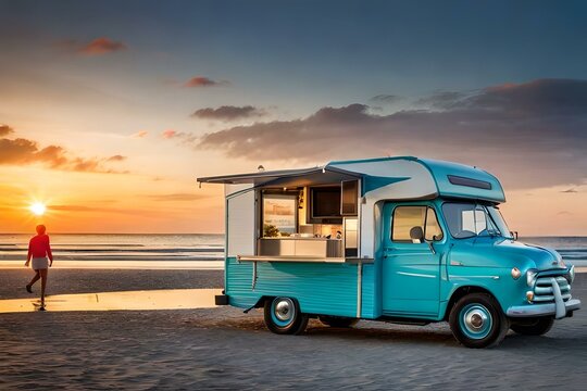 A food truck selling ice cream and other frozen treats at the beach.