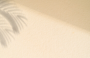 Empty beige cement wall background with light and shadow and blurred shadow palm leave well free space for text presentation 