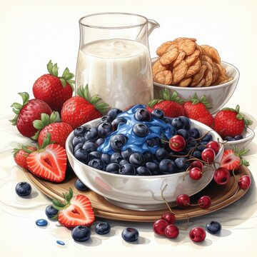 Breakfast Spread with Cereal, Milk, and a Bowl of Fresh Berries Watercolor Clipart