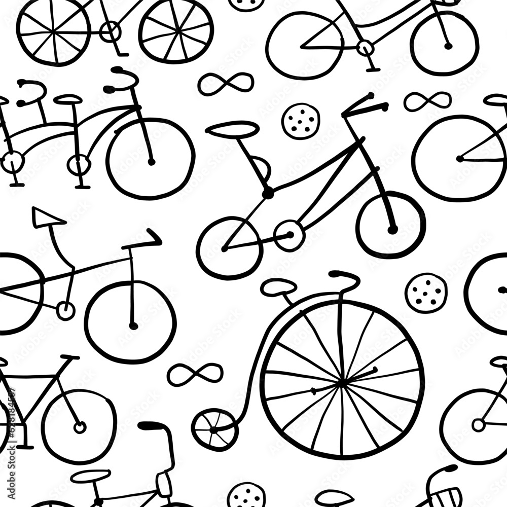 Aufkleber bicycle time. types of bicycles, tools and spare parts. seamless pattern background for your design