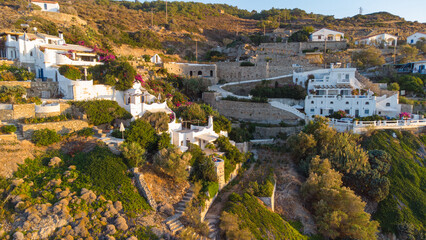 Aerial view of beautiful Greek architecture on the coast of Ikaria