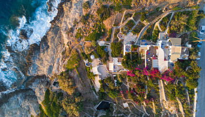 Aerial view of beautiful Greek architecture on the coast of Ikaria