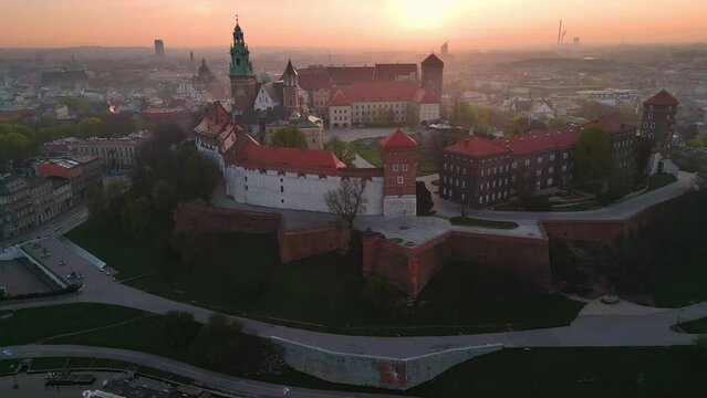 krakow wawel royal castle aerial view drone at sunrise,sunny misty day poland