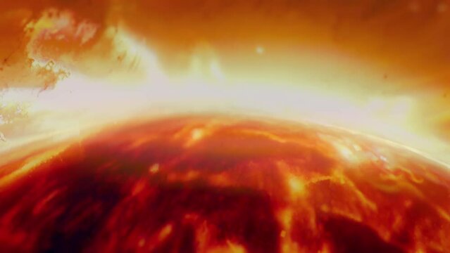 Passing by very close to the sun. Extreme close-up of the sun. Heat haze and light distorted and defocused by the high temperature. Space travel, sci-fi video. Cinematic vfx clip. Fantasy background.