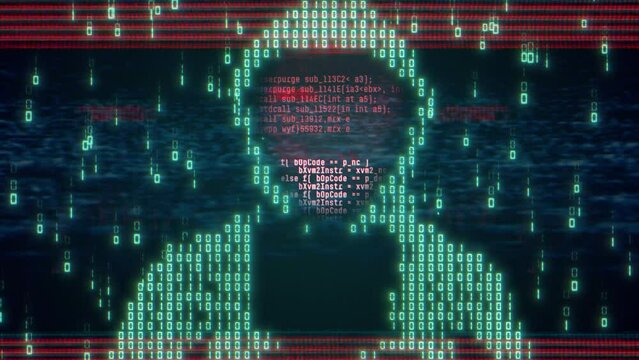 Computer hacker with hoodie and glitch face. Computer abstract digital code at the background. Darknet fraud and crypto currency bitcoin concept. Cybersecurity and data protection in social network
