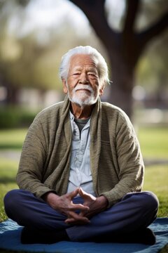 portrait of a senior man sitting down for yoga at a park