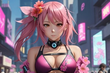 Naklejka premium Anime girl in a pink bikini looking at you