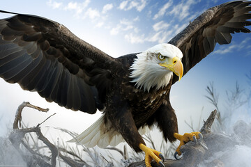 A powerful bald eagle with its wings spread. Generative AI
