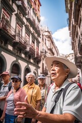 a tour guide leading a group of senior tourists on a historical walking tour of the city
