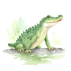 Alligator in cartoon style. Cute Little Cartoon Alligator isolated on white background. Watercolor drawing, hand-drawn Alligator in watercolor. For children's books, for cards, 