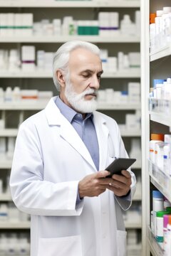 man using a digital tablet while standing in his pharmacy