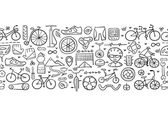 Bicycle time. Types of bicycles, tools and spare parts. Seamless pattern background for your design