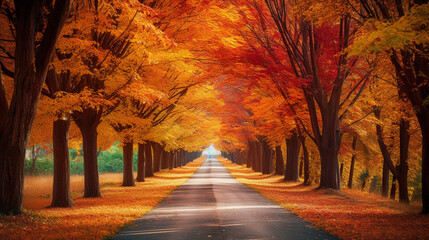 Fototapeta na wymiar Capture the magical charm of a tree-lined avenue during autumn, with vibrant foliage creating a colorful canopy over the road Generative AI