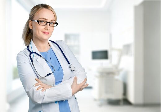 Doctor woman posing in hospital, medicine concept, AI generated image