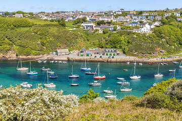 Solva Harbour in the estuary of the River Solva viewed from The Gribin at Solva in the Pembrokeshire Coast National Park, West Wales UK - obrazy, fototapety, plakaty