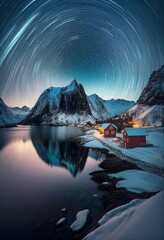 Obraz premium Beautiful village with aurora and star trail over night sky Created with Generative AI technology.