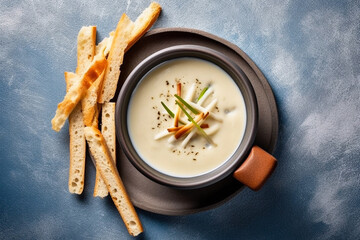 healthy and tasty white asparagus cream soup, top view,  created with generative ai