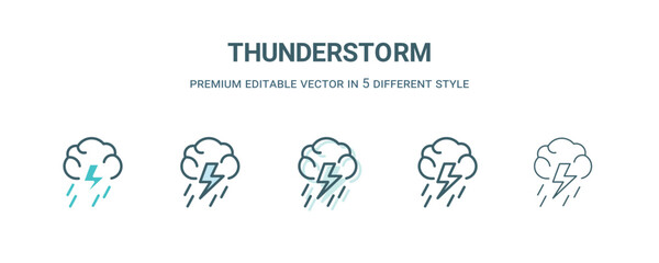 thunderstorm icon in 5 different style. Outline, filled, two color, thin thunderstorm icon isolated on white background. Editable vector can be used web and mobile