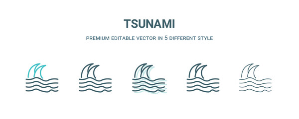 tsunami icon in 5 different style. Outline, filled, two color, thin tsunami icon isolated on white background. Editable vector can be used web and mobile