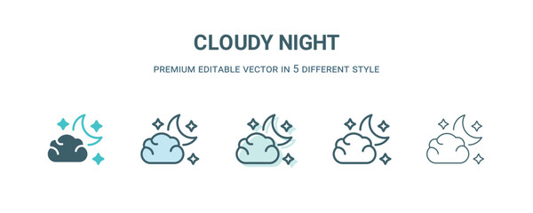 cloudy night icon in 5 different style. Outline, filled, two color, thin cloudy night icon isolated on white background. Editable vector can be used web and mobile