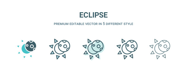 eclipse icon in 5 different style. Outline, filled, two color, thin eclipse icon isolated on white background. Editable vector can be used web and mobile