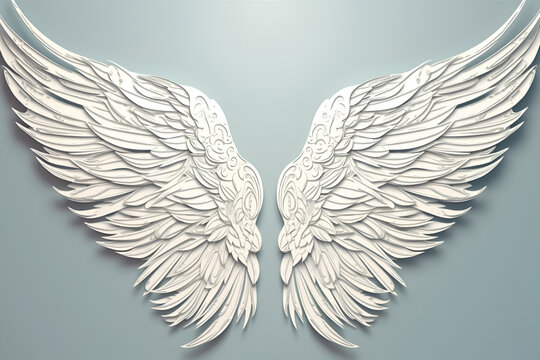 white angel wings on a blurred light background. Spirituality and freedom. generated by AI