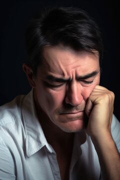 man, sad and grief portrait for depression, mental illness or serious problem in workplace