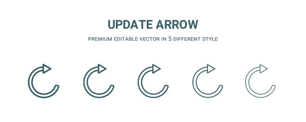 update arrow icon in 5 different style. Thin, light, regular, bold, black update arrow icon isolated on white background.