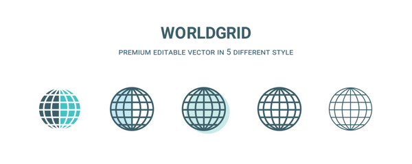 worldgrid icon in 5 different style. Outline, filled, two color, thin worldgrid icon isolated on white background. Editable vector can be used web and mobile