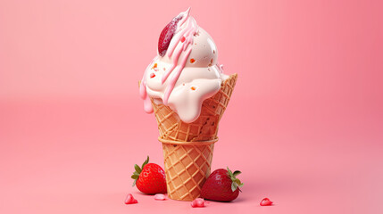 Ice Cream, Chocolate, vanilla and strawberry Ice cream in the cone on pink background. Generative Ai