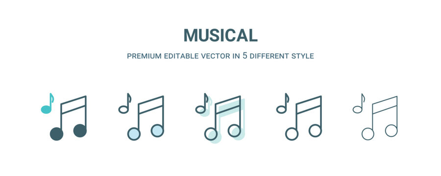 musical icon in 5 different style. Outline, filled, two color, thin musical icon isolated on white background. Editable vector can be used web and mobile